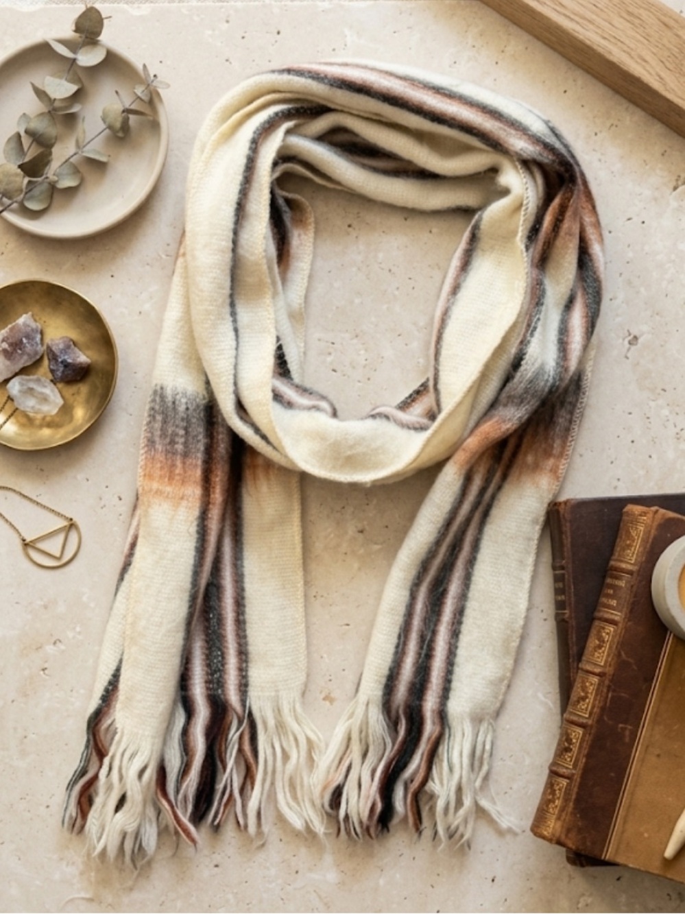 Cozy Ivory Stripe Fringe Scarf